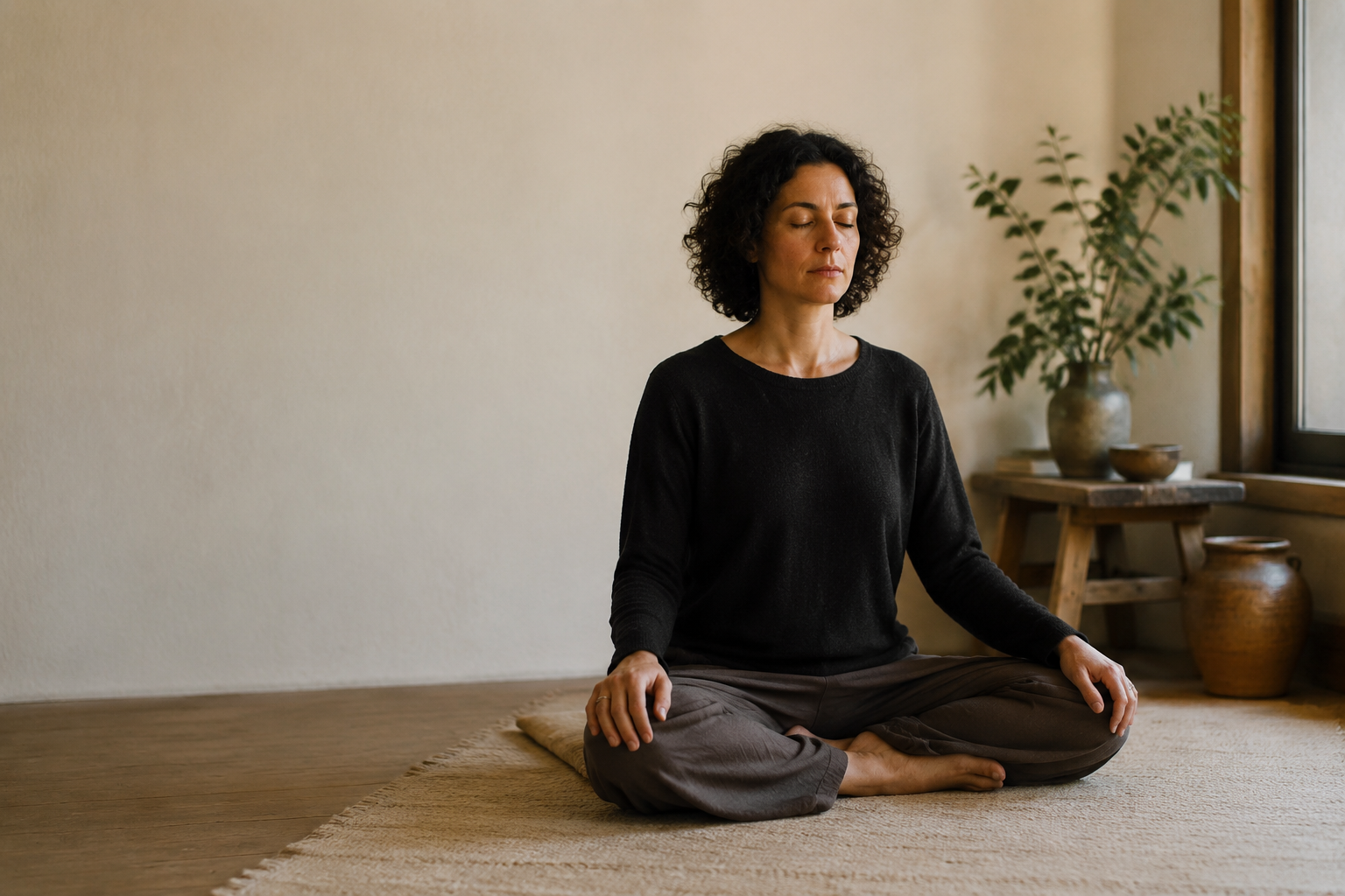 A woman meditating in a warm, quiet home practice space