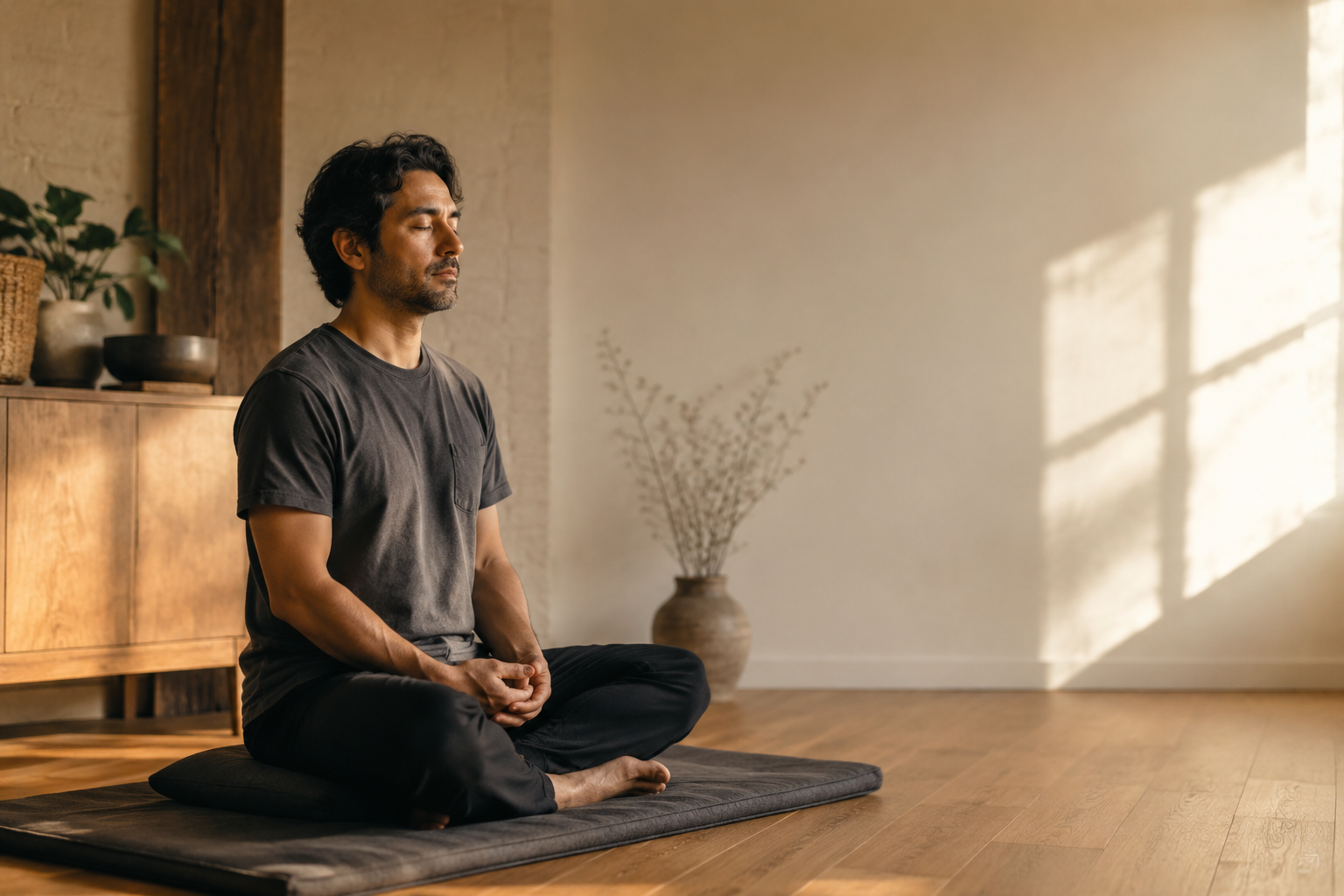 A man meditating in a quiet home practice space